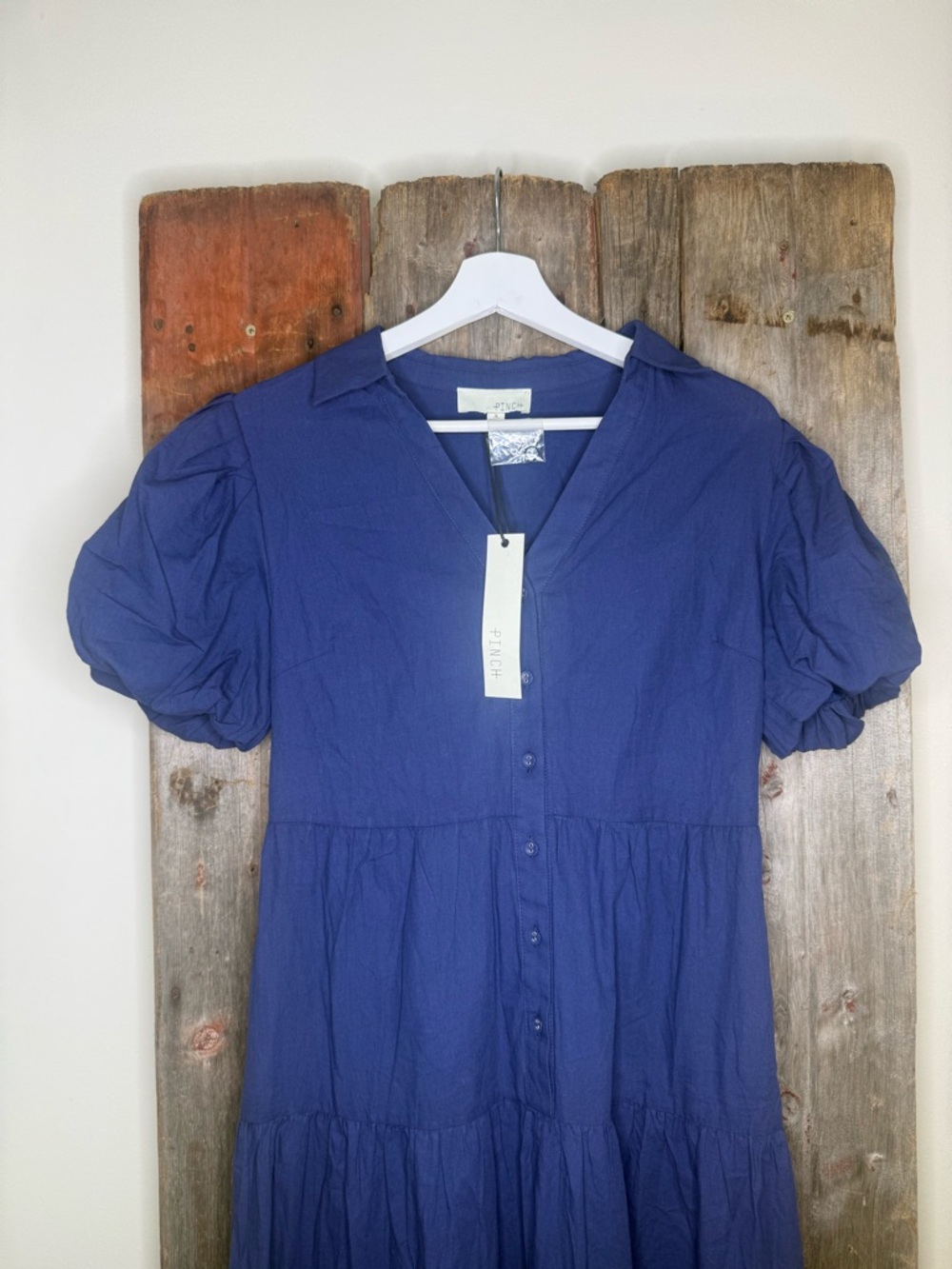 NWT Pinch Navy Button-Front Tiered Maxi Shirt Dress Puff Sleeves Small - Picture 3 of 6